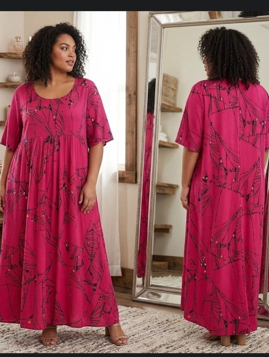 Dresses & Skirts - Red Babydoll Maxi Dress 2XL Grafitti Pattern Short Sleeve